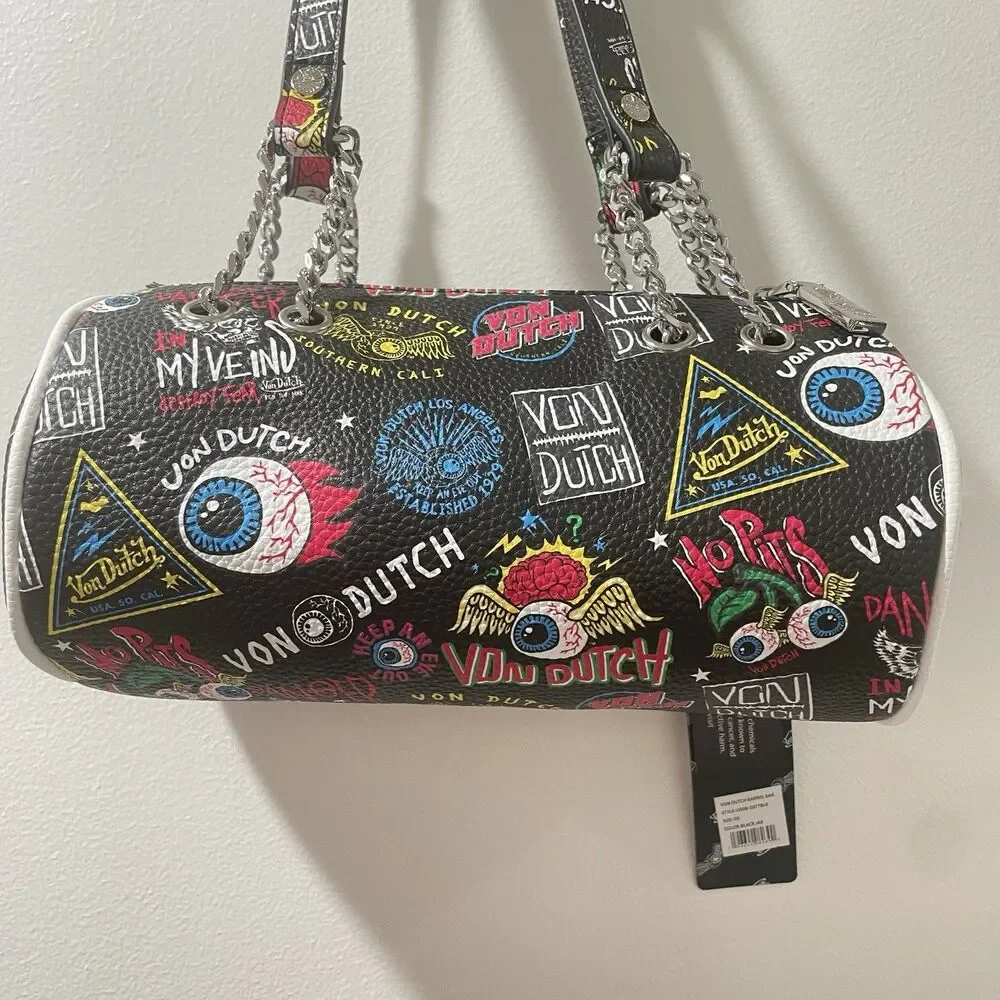 Von Dutch Y2K Barrel Shoulder Bag NWT - Black Jax Graphic Eyeball
